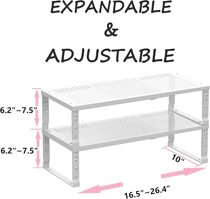 Metal Stackable Expandable Storage Shelf - Multi-Functional Home Storage Shelf, Suitable for Kitchen, Cabinet, Bathroom, Office, Garage, etc. (2 PACKS/White/Large)