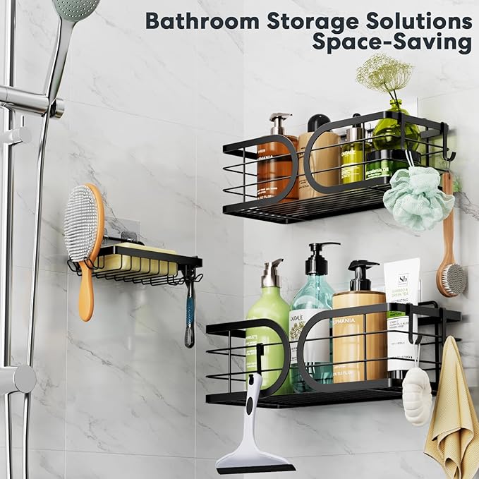 Shower Caddy 3 Pack Adhesive 304 Stainless Steel Shelves No Drill Durable Large Capacity Shower Rack Organizer Soap Holder Quick Dry Rustproof Bathroom Storage(Black)