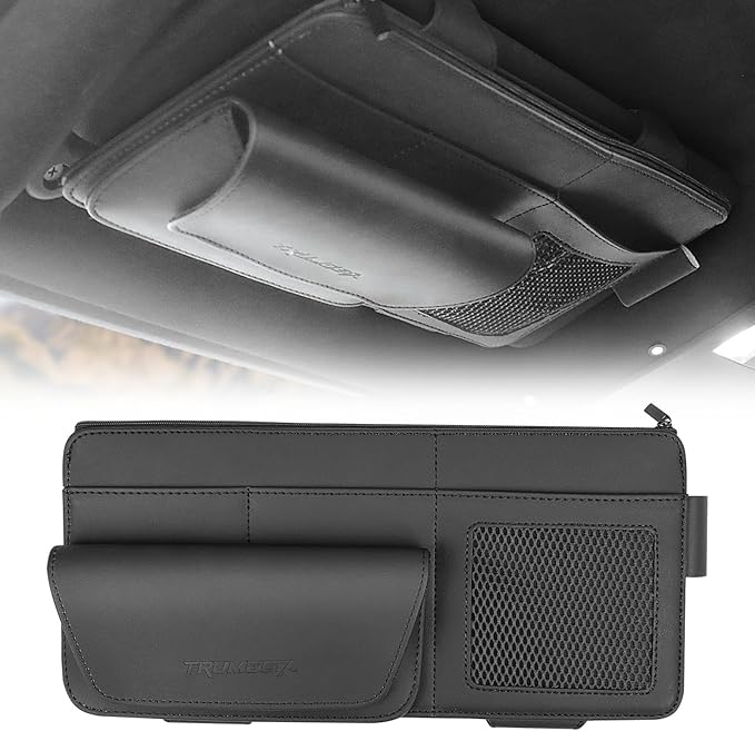 Car Sun Visor Organizer Premium Leather Storage Bag with Magnetic Sunglass Pocket, Extra-Large Zippered Compartment & Anti-Slip Mesh Pocket Sun Visor Organizer for Trucks, SUVs & Cars
