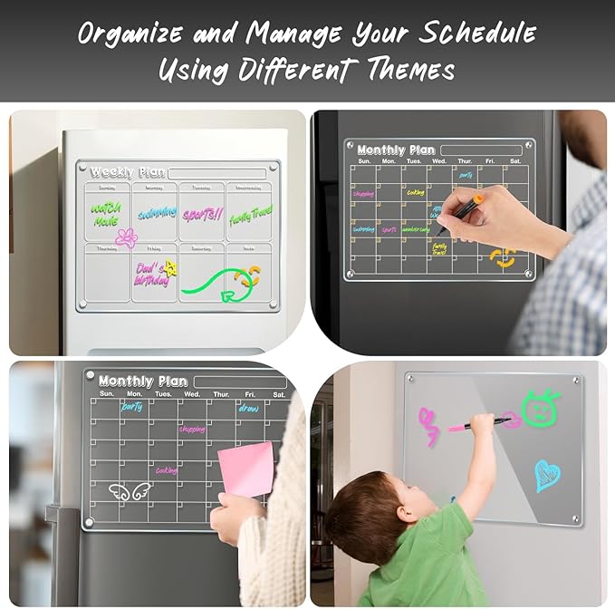 DIYMAG Magnetic Calendar for Refrigerator 4 PCS Dry Erase Whiteboard 15.2"x11.2" Magnet Fridge White Board Planning Acrylic Clear Chalkboard Apartment Decor Meal Planner with 6 Colors Markers