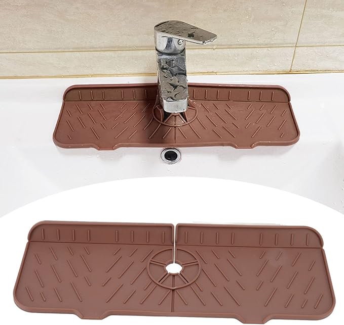 OUKENS Sponge Holder for Kitchen Sink, Silicone Faucet Mat for Kitchen Sink - Reusable Splash Guard & Drip Catcher Tray, Washable Countertop Water Absorbent Mat for Bathroom, RV (Brown)