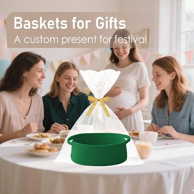 Woven Basket,Small Rope Storage Bin with Handles & Ribbon Bag, Organizer for Shelves Closets,Gift Basket Empty for Birthday,Books,Dog Toys, Green/2 Pack