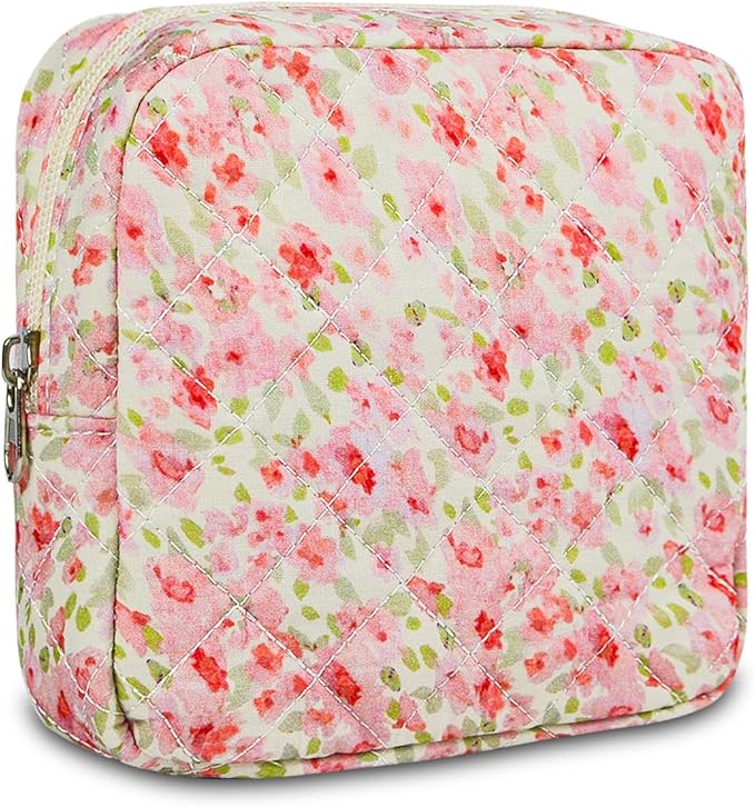 Small Floral Quilted Makeup Bag, Coquette Aesthetic Travel Toiletry Organizer for Women, Lightweight Cotton Cosmetic Pouch