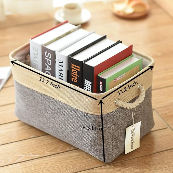 TheWarmHome Storage Basket - 15.7L×11.8W×8.3H 1 Pack Large Baskets for Organizing Shelves, Storage Bins for Clothes Book Shelf Home Fabric Storage Cubes (Gold and Grey)