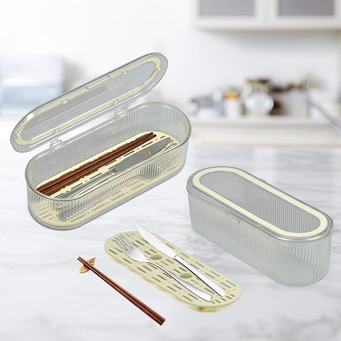 Flatware Tray with Lid, Silverware Tray Kitchen Cutlery Tray and Utensil Storage Container for Flatware and Silverware (Transparent Ripple)