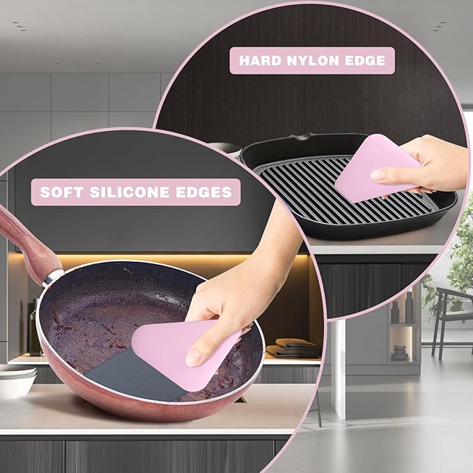 Food Scraper, 2-in-1 Pot and Pan Dish Scraper, Nylon and Silicone, Kitchen Scraper Tools for Cast Iron Skillets, Cookware, Dishes, Pans and Pots, Heat Resistant, Set of 3 - Pink