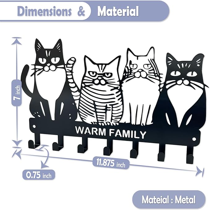Key Holder for Wall, 11.88'' x 7'' Black Metal Cat Shape Decoration Key Hook Wall Mount Key Rack Hanger Storage Organizer with 7 Hooks for Home Doors Entryway Kitchen Garage Decor