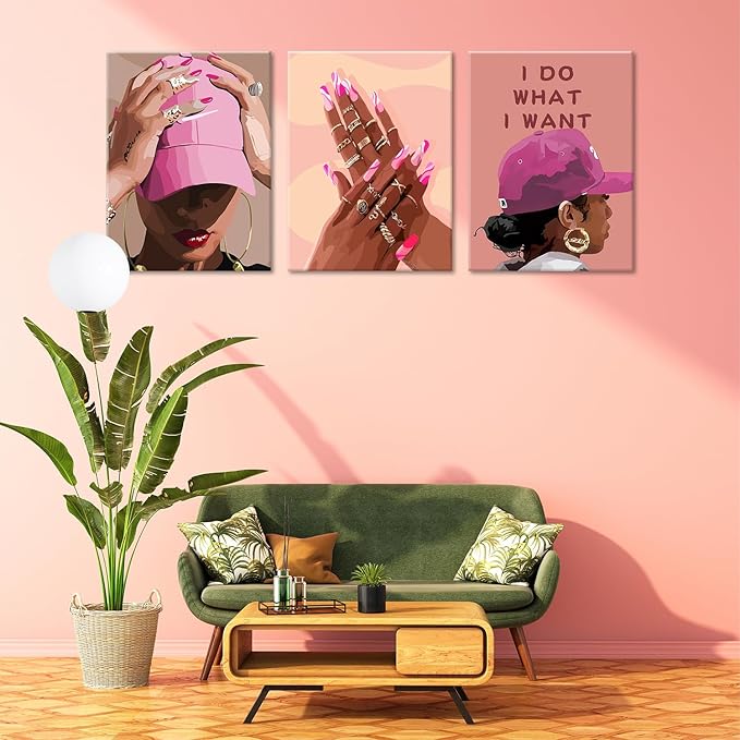 Black Girl Canvas Wall Art pink trend American Black Woman Posters Prints Wall Decor Pictures for Home Living Room Bedroom study Decoration,Framed16 x 24inches X3piece
