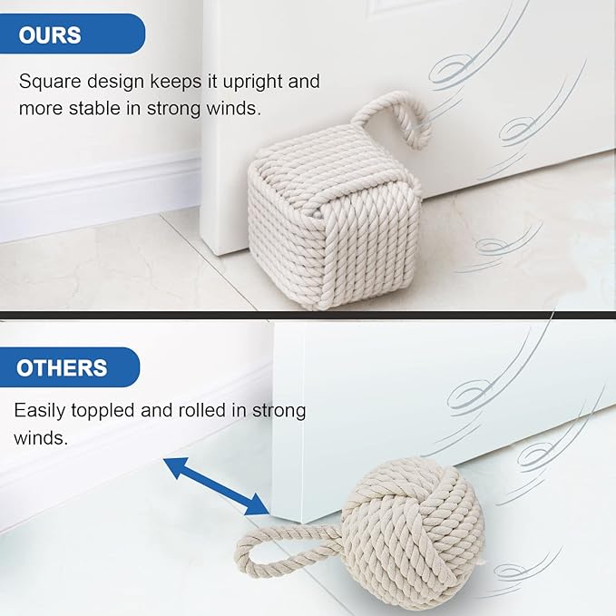 Marwood Rope Knot Door Stops Decorative Nautical Door Stopper Handmade with Handle, Weighted Interior Square Doorstop Sailor Knot for Door and Window - Beige (5"x5", 4.4lbs)