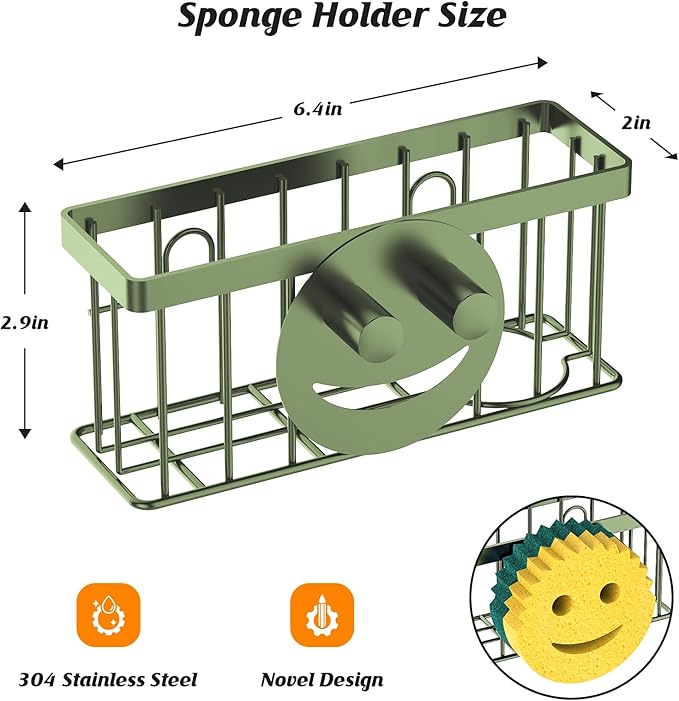 Sponge Holder Smiley Face, Sink Caddy, Sink Organizer with 2 Suction Cups/1 Adhesive Strips, Designed for Sponge, Soap, Dish Brush, Scrubber - Green