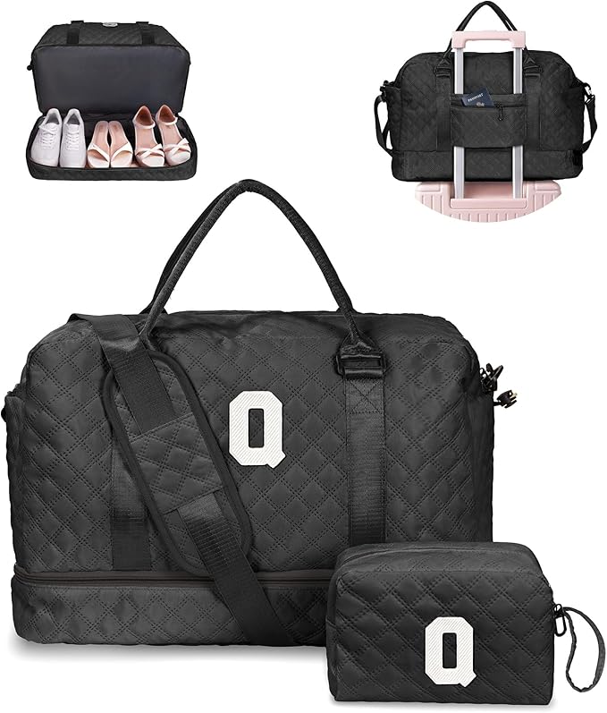 Teacher Appreciation Gifts for Women - Initial Duffle Bag with Shoe Compartment, Weekender Bag, Monogram Overnight Bag, Letter Travel Bag with Makeup Bag, Birthday Gift for Women Girl (Letter Q)