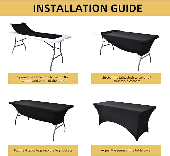 ZarzaaSik 6-Pack 6ft Black Spandex Table Covers for Rectangle Standard Folding Tables - Wrinkle Resistant Stretch Tablecloths - Ultimate Fitted Table Protector for Parties, Trade Shows, Wedding