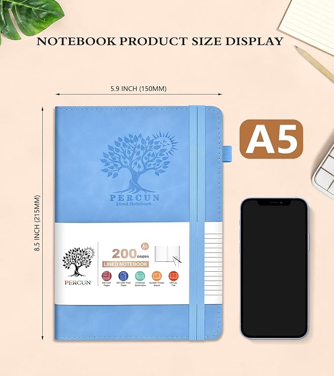 Lined Journal Notebook for Men & Women,200 Pages A5 Hardcover Leather Notebook (5.9"x8.5"), Travel Journal for Work, School, Business Writing, Note Taking, Notepad Diary (Blue)