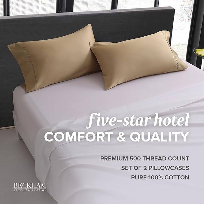 Beckham Hotel Collection Bed Pillowcases Standard/Queen Size Set of 2, 500TC 100% Cotton, Luxury Sateen Bedding, Open End, Breathable, Moisture-Wicking, Sand
