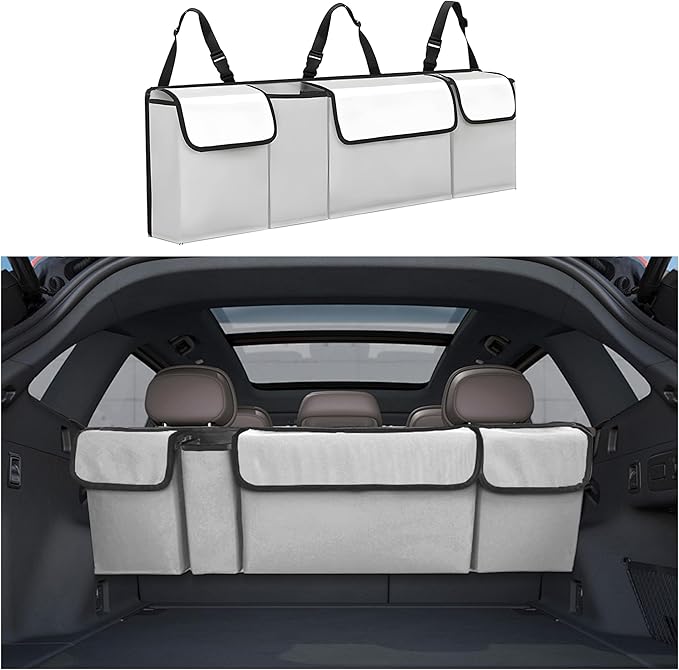 Car Trunk Organizer, Backseat Hanging Large Storage with Adjustable Straps, Waterproof PVC Collapsible Cargo Bag, Car Interior Accessories for Auto SUV MPV (White)