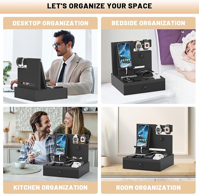 Wood Phone Docking Station, Nightstand Organizer with Drawer, Bedside Table Organizer for Watch & Accessories, Christmas Anniversary Birthday Gifts for Men,Dad,Husband