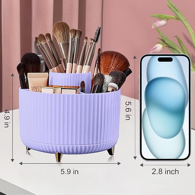 Diesisa Makeup Brush Holder Organizer, 360° Rotating Makeup Brush Organizer, 5 Slot Makeup Brushes Cup for Cosmetics, Nail Polish, Art Supply, Bathroom Vanity Desktop Organizer - Purple