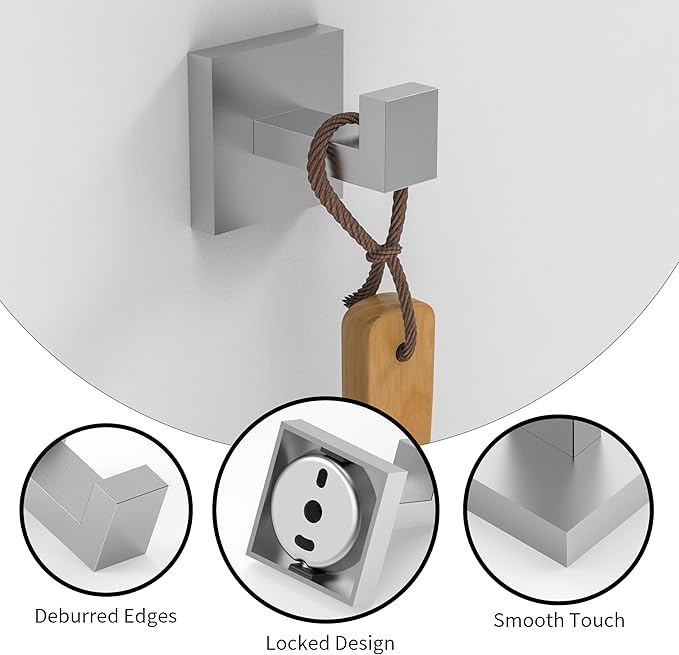 Ruacq Towel Hooks for Bathrooms, Heavy Duty Stainless Steel Square Bathroom Hooks, Wall Mounted Towel Hanger for Robe & Coat, Ideal for Kitchen, Bedroom, and Hotel Use(Brushed Nickel, 2 Pack)