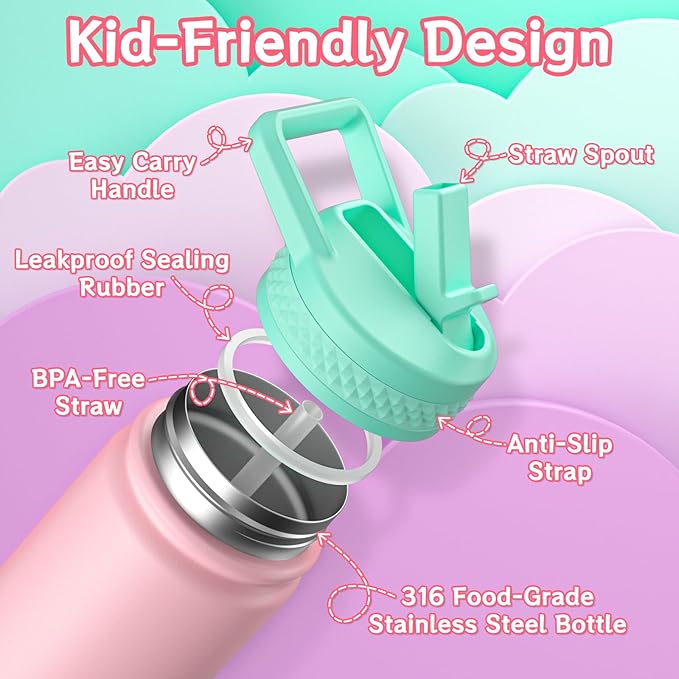 baab 18oz Kids Water Bottle, Insulated Water Bottle with Straw & Stickers, 18/8 Stainless Steel Vacuum Leakproof Kids Water Straw Cup for School, Perfect for Boy Girl (Pink, 1 Pack)