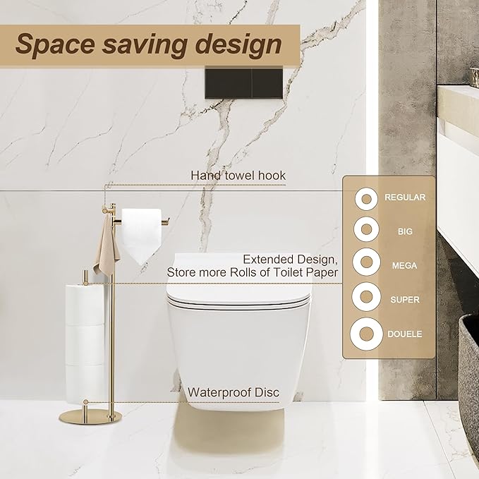 BVL Toilet Paper Holder Stand in Gold, SUS304 Stainless Steel, Weighted Base, Holds 5 Jumbo Rolls, Waterproof Pad, Compact Space-Saving Design with Built-in Hook for Modern Bathroom Storage