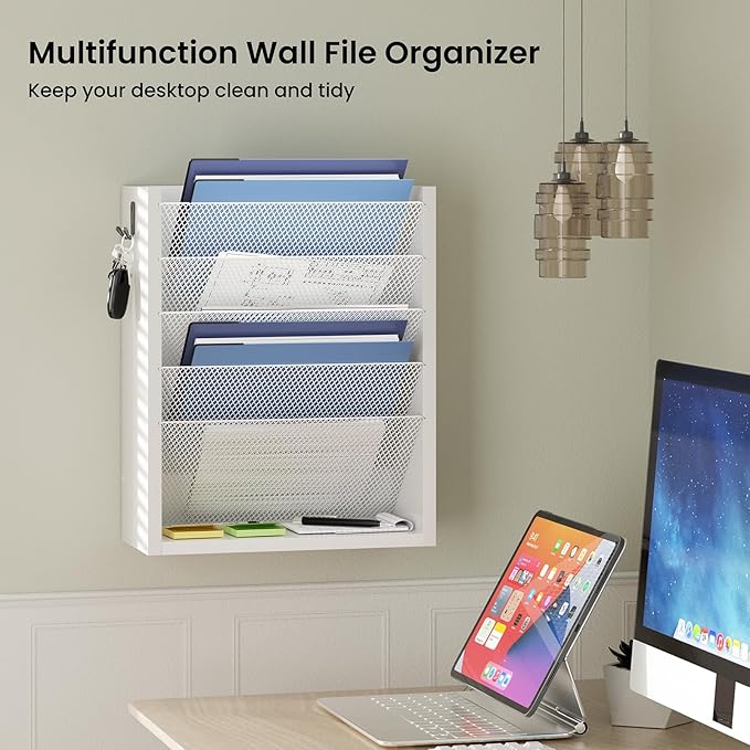 Creso hom Mail Organizer Wall Mounted, 6-Tier Wall File Organizer with 2 Hooks, Wooden Desk Organizer Magazine Holder with Bottom Flat Tray, for Office Home, White