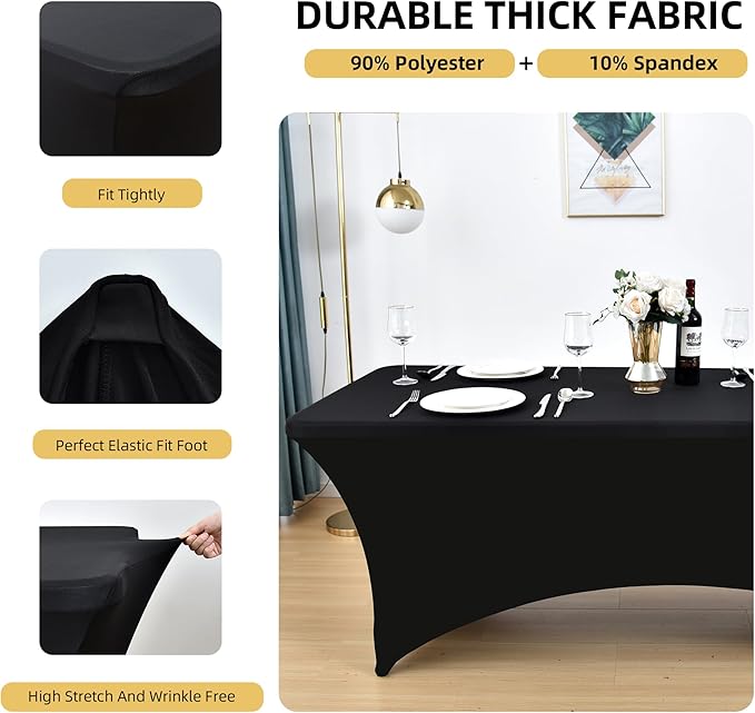 ZarzaaSik 6-Pack 4ft Spandex Black Table Covers for Rectangular Folding Tables - Wrinkle Resistant Stretch Tight Table Cloths - Ultimate Fitted Table Protector for Parties, Trade Shows, and Wedding