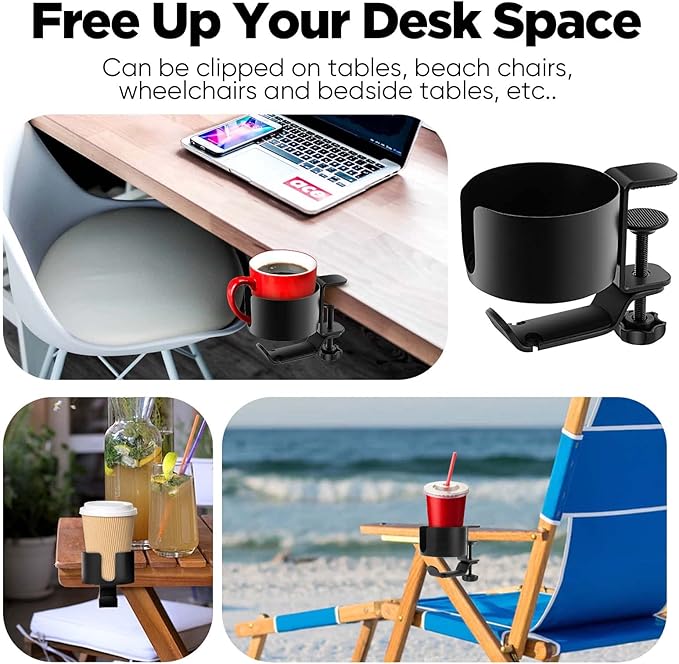 OOKUU 2-in-1 Desk Cup Holder with Headphone Hanger, Anti-Spill Cup Holder for Desk or Table, Easy to Install, Sturdy and Durable, Large Enough to Hold Coffee Mugs, Water Bottles, Headphones