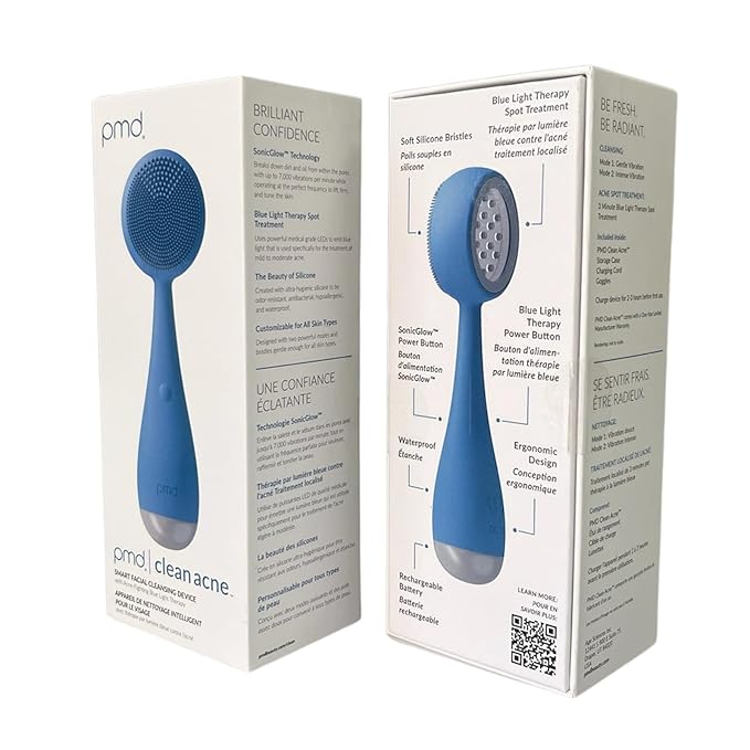 PMD Beauty Facial Cleansing Brush - Smart Silicone Brush with Blue Light Treatment - SonicGlow Vibration - Waterproof Device for Acne