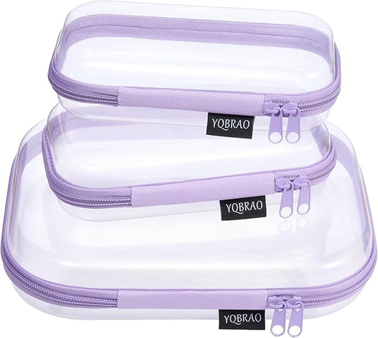 YQBRAO 3-Pack Clear Hard Shell Zipper Case - Purple Edition, 1.2mm Heavy-Duty Crush-Proof Travel Makeup Bag, TSA Approved Clear Zipper Pouches, Rigid Diaper Bag Organizer for Tech & Daily Essentials