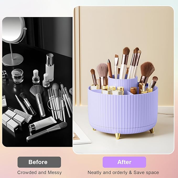 Diesisa Makeup Brush Holder Organizer, 360° Rotating Makeup Brush Organizer, 5 Slot Makeup Brushes Cup for Cosmetics, Nail Polish, Art Supply, Bathroom Vanity Desktop Organizer - Purple