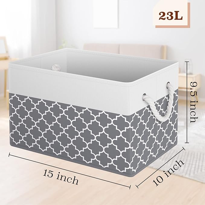 Fab totes Storage Bins [4-Pack], Foldable Storage Baskets for Organizing Toys, Books, Shelves, Closet, Large Storage Box with Rope Handles, Sturdy Organizer Bins,Clover Grey