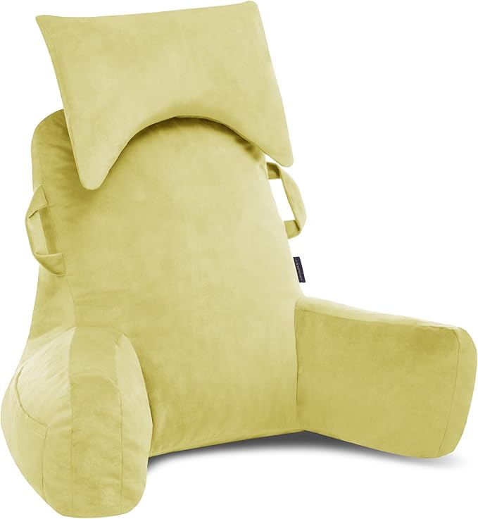Portable Reading Pillows with Headrest for Bed Sitting Up(Yellow Oeko-Tex), Velvet Back Pillow with Arms & Pockets for Adults, Support Memory Foam Bed Pillow for Dorm/Reading/Watching/Gaming