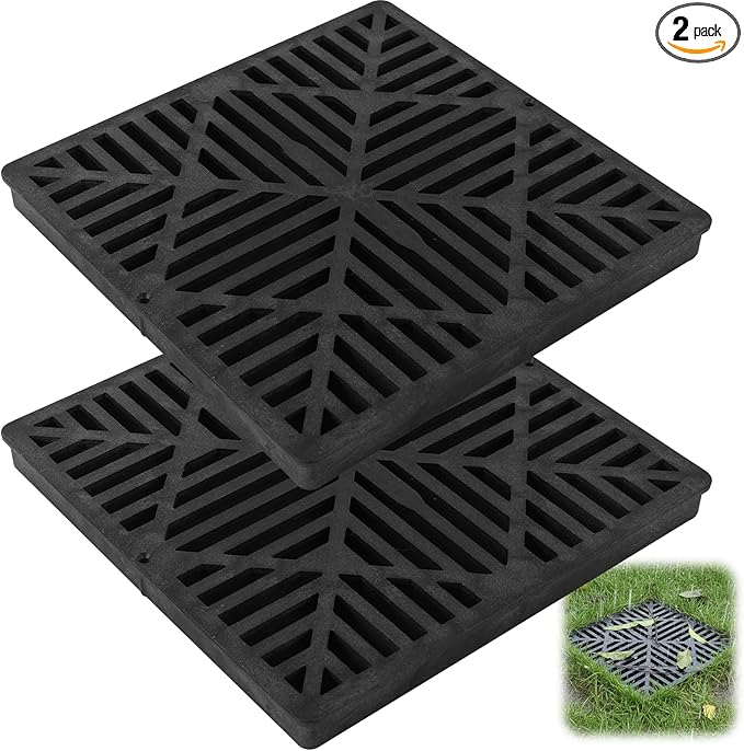 Calvana 2 Pack 12 Inch Catch Basin Drain Grate, Fiberglass Reinforced Polyethylene Square Drain Cover for Yard Patio Driveway Drainage, Black