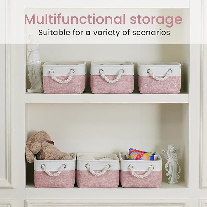 VQRTEXA Storage Baskets for Shelves 11.8x7.9x5.2 Inch, Foldable Fabric Storage Bins with Handles, Small Storage Baskets for Organizing Closet, Bathroom, Office, Home Organization (6-Pack, White&Pink)