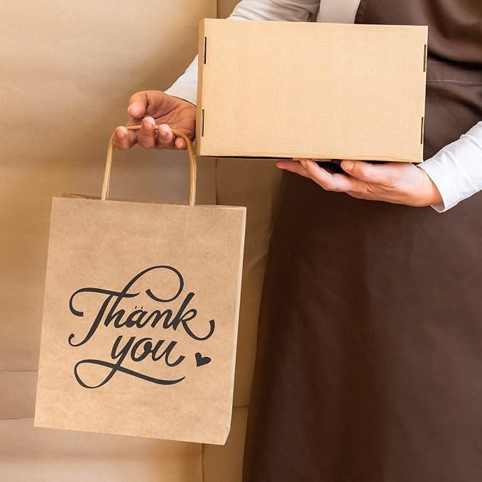 bagmad 100 Pack 8x4.75x10 Inch Medium Brown Paper Gift Bags with Handles Bulk, Thank You Kraft Paper Bags for Party Favors Grocery Retail Shopping Wedding Craft Sacks (Plain Natural, 100pcs Count)