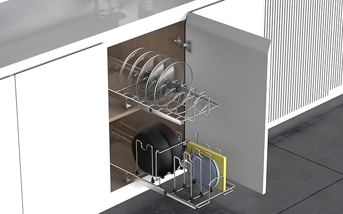 Pots and Pans Pull Out Organizer Under Cabinet, Adjustable Slide Out Pan and Pot Lid Rack Holder, Wire Dividers Kitchen Organization And Storage, Full-Extension Rail 12" W X 20" D