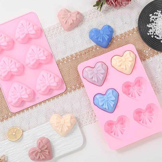 SJ Heart&Bow Shaped Silicone Mold 2 Packs, Soap Molds for Soap Making, 6 Cavities Heart Silicone Mold for Chocolate Cake Jelly Pudding Handmade Soap Mould Candy Making Ice Cube Trays Set of 2 -Pink
