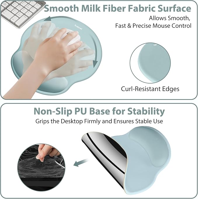 Mouse Pad and Keyboard Wrist Rest, 3-in-1 Gel Memory Foam Ergonomic Mouse Pad with Wrist Rest Set, Gaming Mousepad Arm Cushion Support for Computer Office Desk Accessories Cute, Seafoam Blue