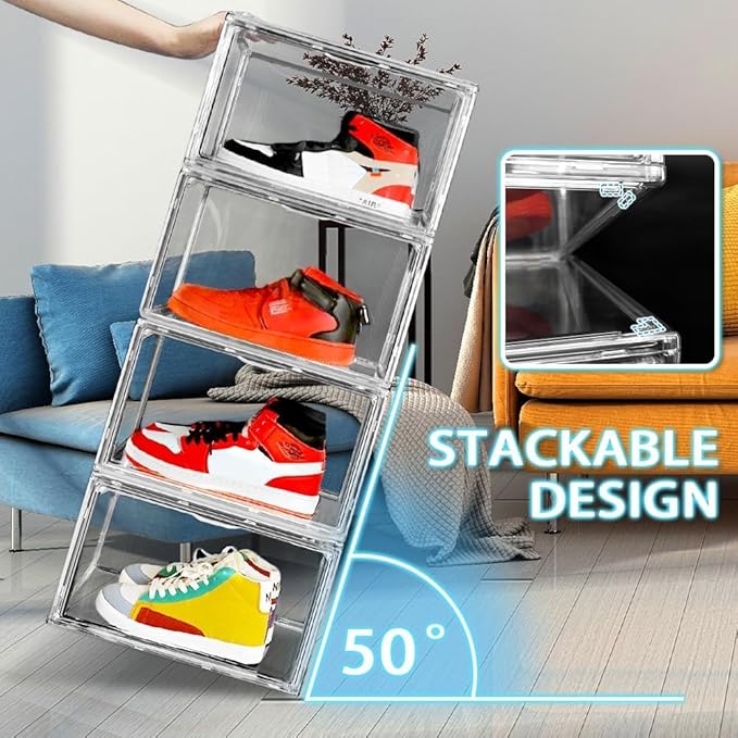 10 Pcs Acrylic Sneaker Shoe Display Case Size 14, Transparent Shoe Box Storage Bins Clear Plastic Stackable Boot Handbag Organizer Containers with Lids