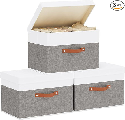 YheenLf Storage Bins, Storage Baskets with Lids, 17.7 x 11.8 x 11.8 Inch Closet Organizer Boxes with Double Handles, White and Grey, 3-Pack