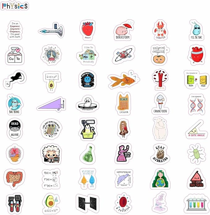 BulbaCraft 100Pcs Science Stickers for Students - Science Class Room Decor, Waterproof Vinyl Decals, Gifts for Women & Men