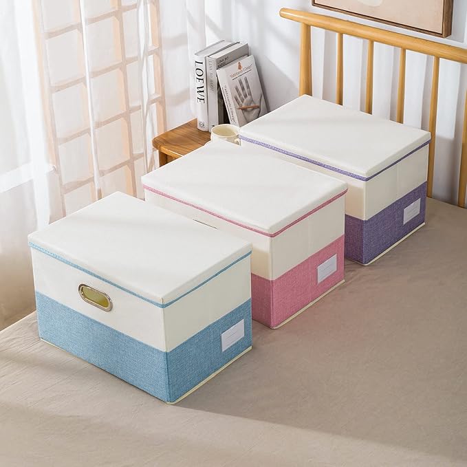 PRANDOM Collapsible Storage Bin with Lid [3-Pack] Fabric Foldable Storage Box Organizer Container Basket Cube with Cover for Home Bedroom Closet Office Nursery Blue&Cream (14.9x9.8x9.8)