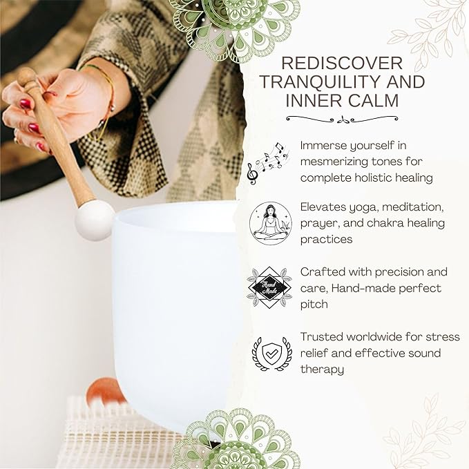 8 inch White F Note Heart Chakra Quartz Crystal Singing Bowl, for Healing Mindfulness Meditation Yoga Sound Baths, with Rubber Mallet O-ring