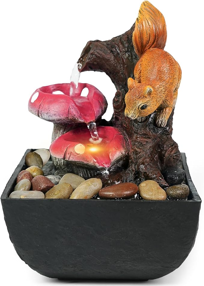 Ferrisland Tabletop Water Fountain Indoor - 3 Tiered Waterfall Fountain Indoor Desktop Water Feature with Light Squirrels Animal Sculpture Relaxation Fountains for Office Home Decor, Gift Idea