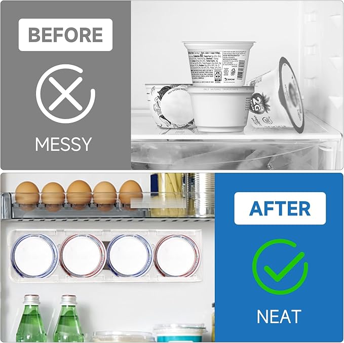 Sophico Yogurt Organizer for Fridge, 4 Capacity Yogurt Sliders for Refrigerator, Yogurt Holder with Adhesive Tapes for 3.75 Inch Yogurt, Greek and Vegan Yogurt (Transparent,2 Pack)