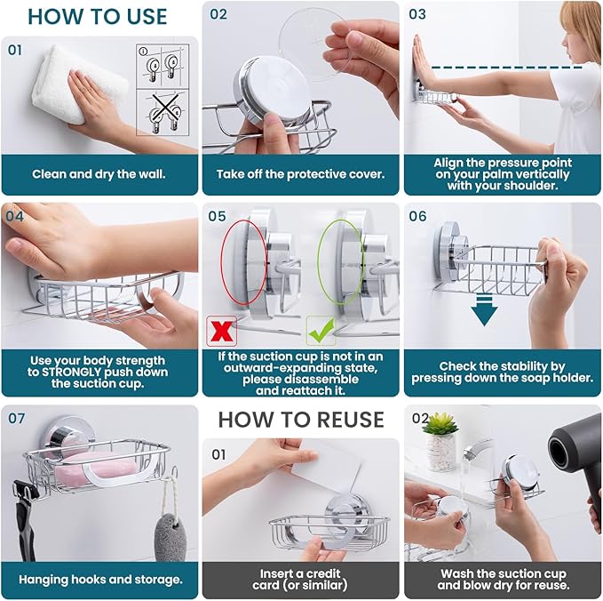 TAILI Soap Dish Holder with Hooks, Bar Soap Tray Saver Suction Cup with Razor Holder for Shower Wall, Rustproof Stainless Steel Bath Shampoo Caddy for Bathroom Accessories Organizer, Silver