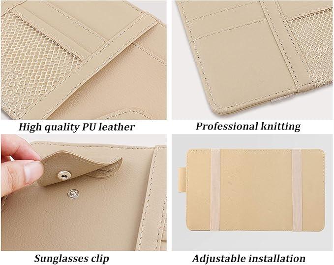 Car Sun Visor Organizer, Auto Car Interior Leather Accessories Storage Pocket Sun Visor Pouch Case Bag for Card License Registration Pen Mobile Phone Bill Note Key Document (Beige)