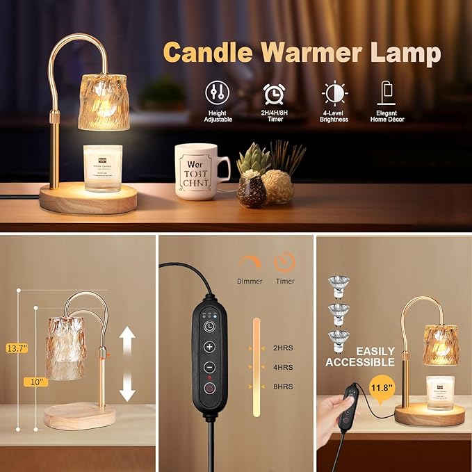 Candle Warmer Lamp with Timer & Dimmer, Candle Warmer Height Adjustable, Fits All Jar Scented Candles, Candle Lamp with 3 Bulbs, Charming Gift for Home Decor