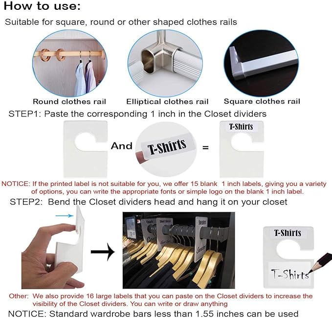 16 Pack White Clothing Rack Size Dividers Plus 60 Labels (1 Inch) and 16 Large Blank Labels, Large Rectangular Clothing Closet Dividers (Pearl White)
