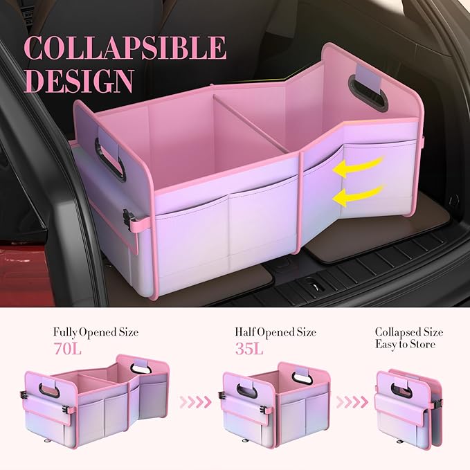 Trunk Organizer for SUV & Sedan, Car Organizers & Storage, Waterproof Collapsible & Adjustable Straps, 70L Sturdy Car Organization for Car Accessories, Tools, Sundries, 2-3 Compartment (Colorful Pink)
